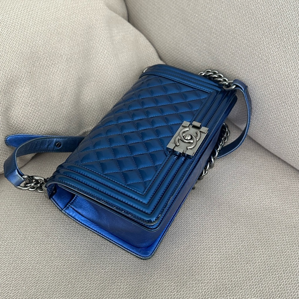 CHANEL Quilted Patent Calfksin LeBoy Flap Bag Old Medium Blue - Picture 9 of 14